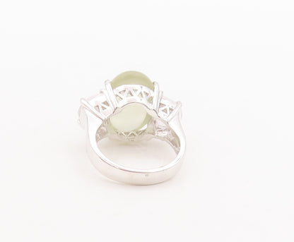 925 Sterling Silver Vintage Ring Oval Cabochon Green Amethyst & CZ Sz 7  RG29688