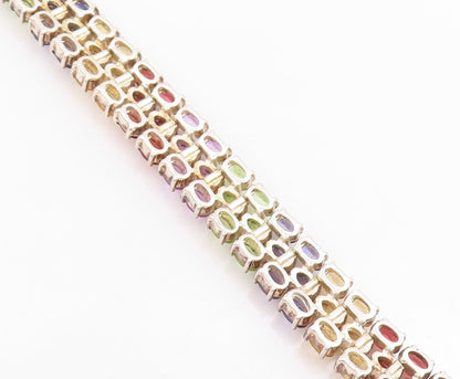 925 Sterling Silver Vintage Bracelet Oval Cut Multi Gemstone Triple Row  BT11689