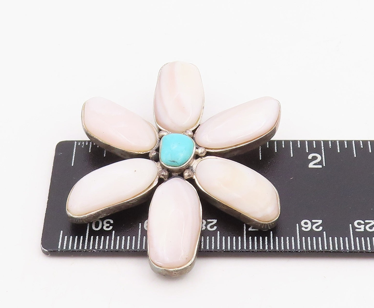 925 Sterling Silver Vintage Pendant Mother OF Pearl & Turquoise Flower  PT25875