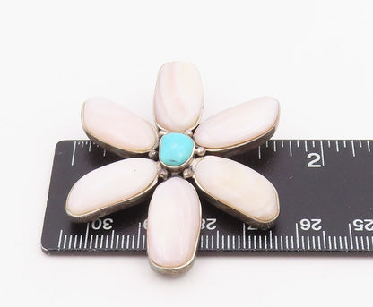 925 Sterling Silver Vintage Pendant Mother OF Pearl & Turquoise Flower  PT25875