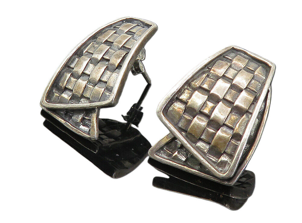 925 Sterling Silver  Vintage Modernist Basket Weave Drop Earrings  EG4047