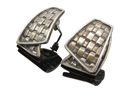 925 Sterling Silver  Vintage Modernist Basket Weave Drop Earrings  EG4047