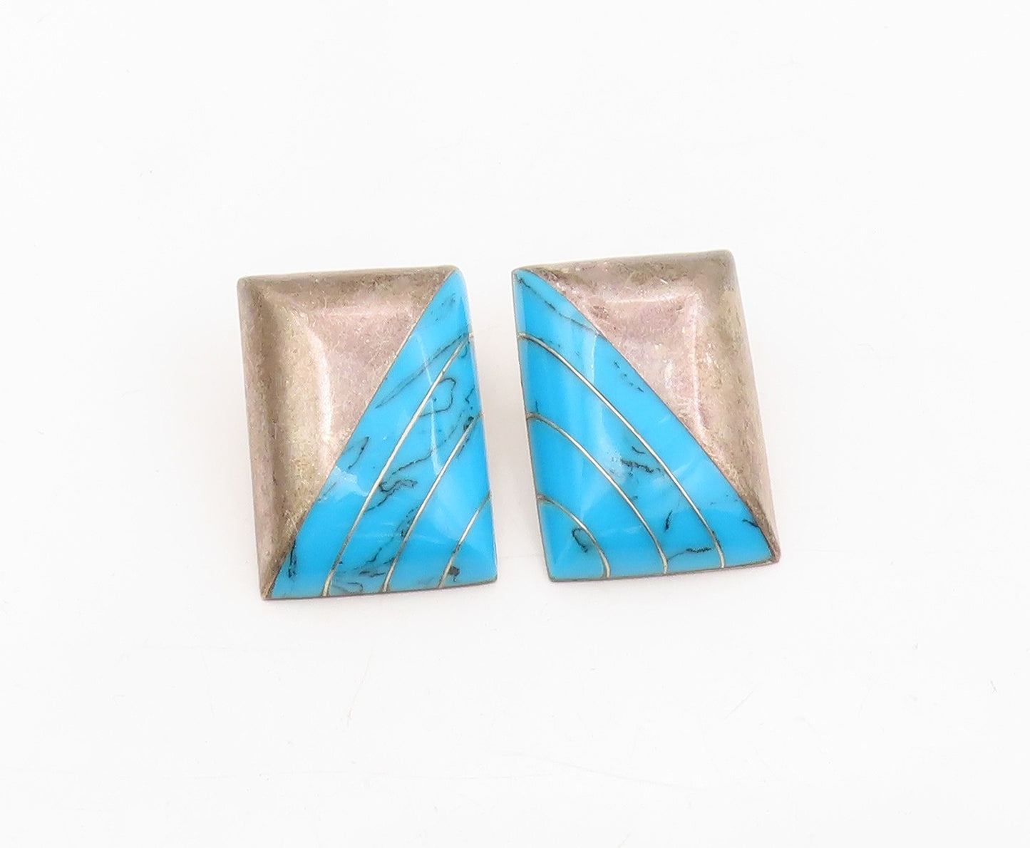 925 Sterling Silver Vintage Earrings MEXICO Turquoise Geometric Inlay  EG13894