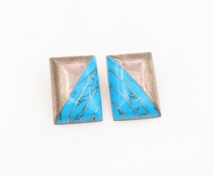 925 Sterling Silver Vintage Earrings MEXICO Turquoise Geometric Inlay  EG13894