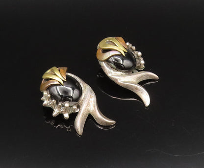 925 Sterling Silver Vintage Two Tone Modernist Onyx Clip Back Earrings EG12225