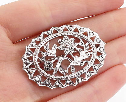925 Sterling Silver  Vintage Sparkling Floral Designed Oval Brooch Pin  BP2199