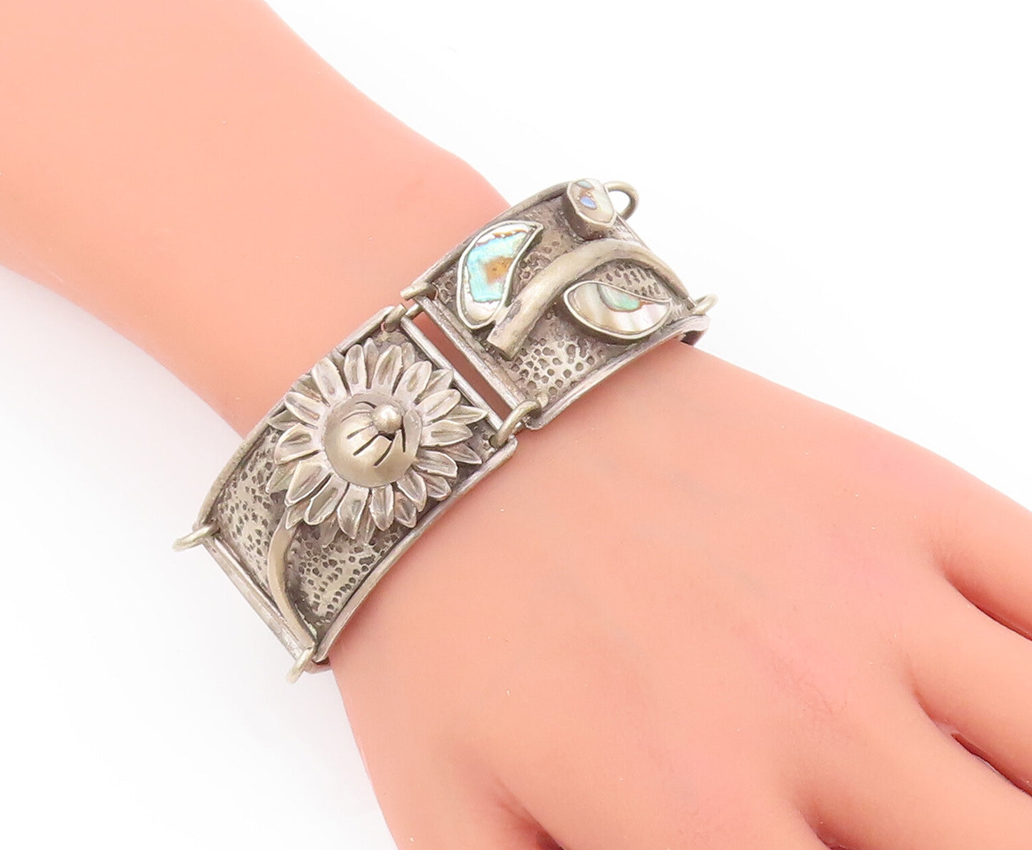 925 Sterling Silver Vintage Bracelet MEXICO Designer Sunflower & Abalone BT10434