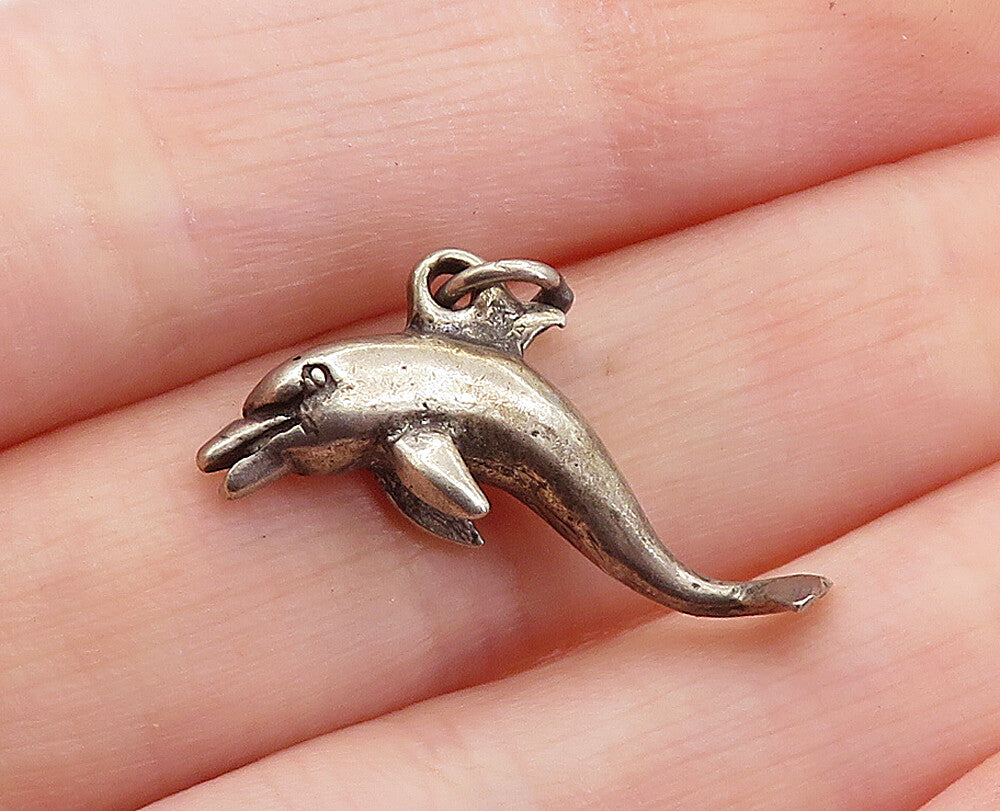 925 Sterling Silver  Vintage Petite Dark Tone Leaping Dolphin Pendant  PT4969