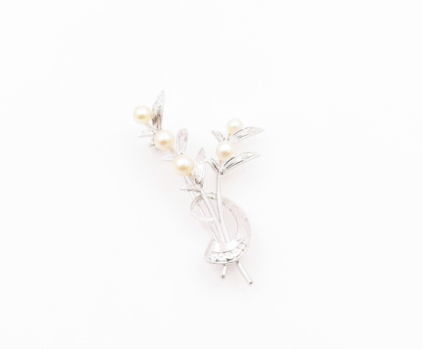 925 Sterling Silver  Vintage Cultured Pearls Leaf Stem Brooch Pin  BP9364