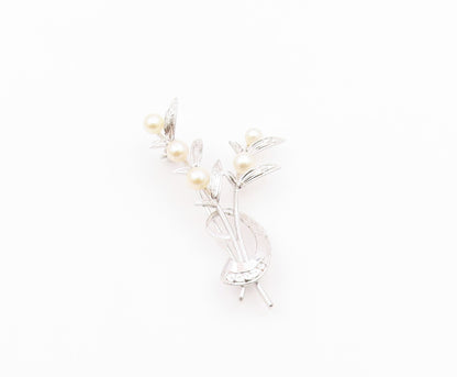 925 Sterling Silver  Vintage Cultured Pearls Leaf Stem Brooch Pin  BP9364