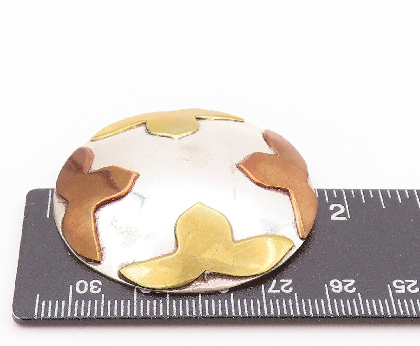 925 Sterling Silver Vintage Brooch MEXICO Half Flowers Carved Disk  BP11614