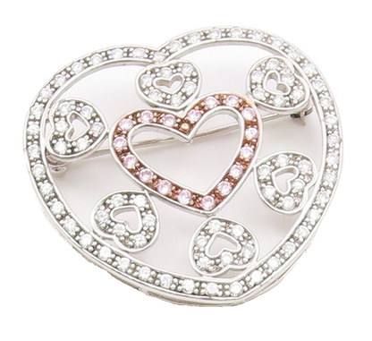 925 Sterling Silver  Pink & White Cubic Zirconia Love Heart Brooch Pin  BP5490