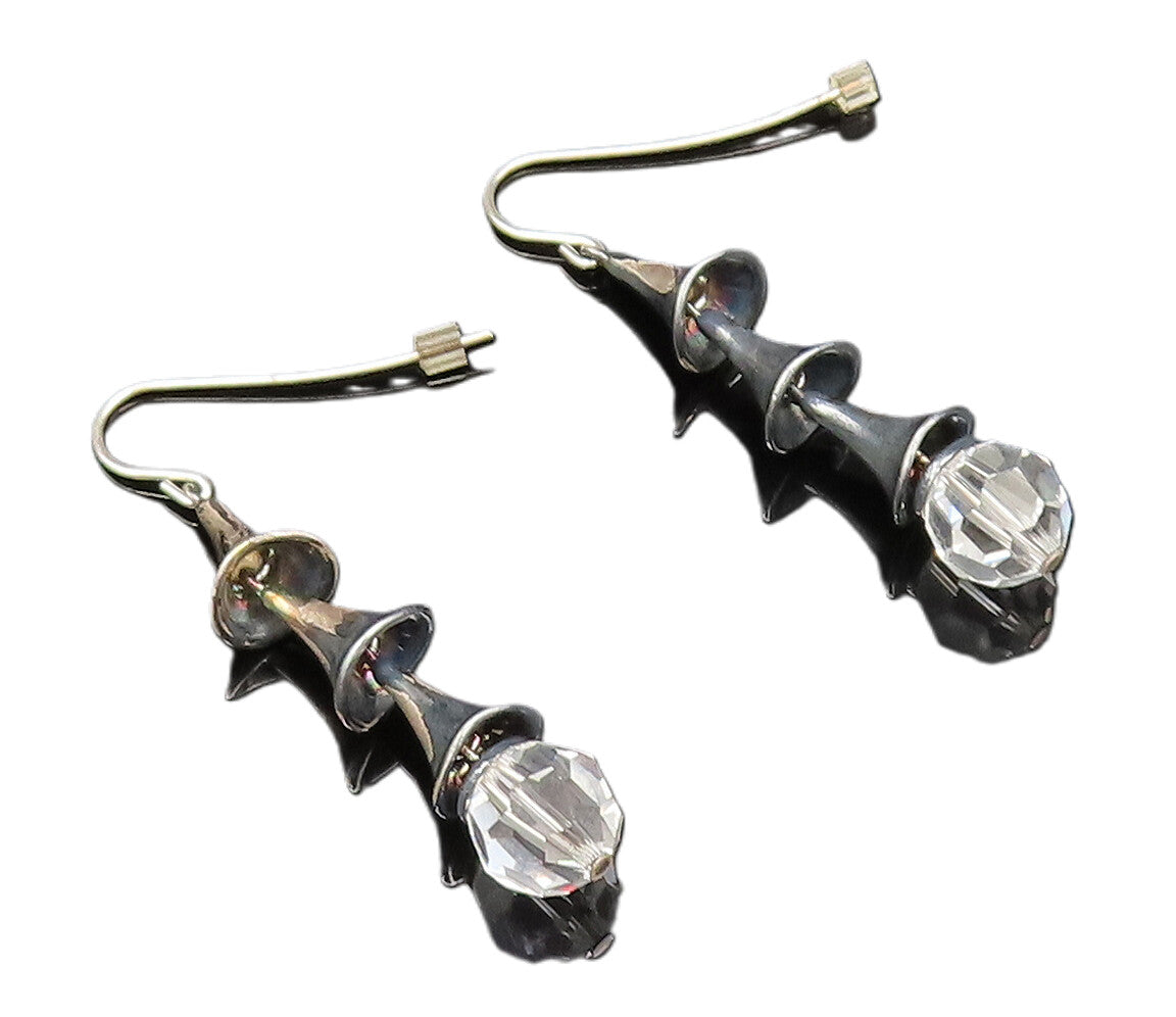 925 Silver  Vintage Clear Quartz Bead Three Cone Dangle Earrings  EG12186