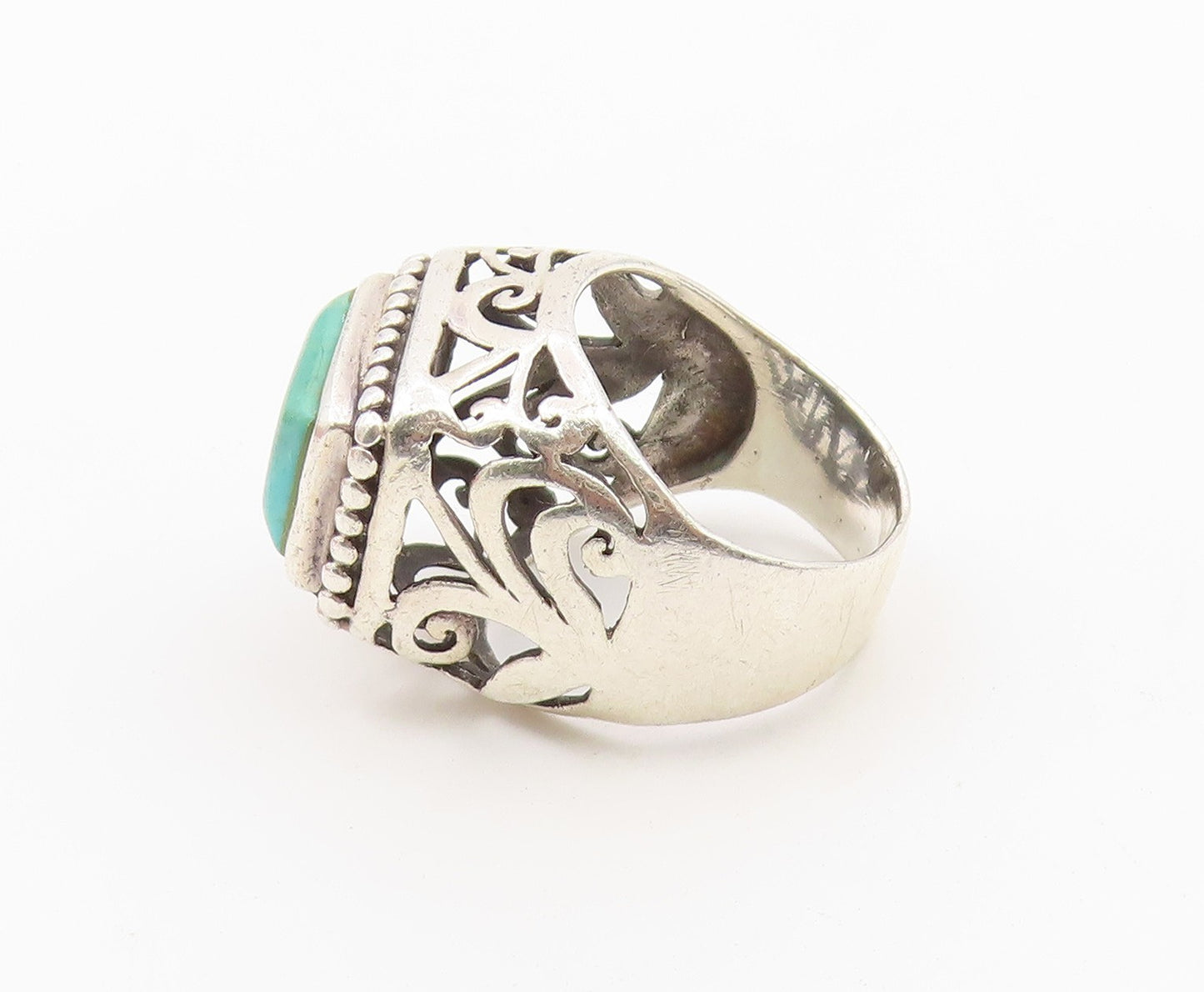 925 Sterling Silver Vintage Ring Turquoise Open Scrollwork Band  Sz 8  RG36633