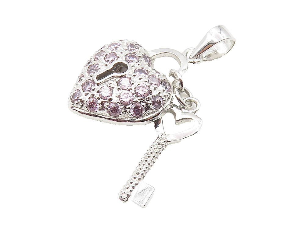 925 Sterling Silver  Pink Cubic Zirconia Love Heart Lock & Key Pendant  PT8086