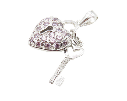 925 Sterling Silver  Pink Cubic Zirconia Love Heart Lock & Key Pendant  PT8086