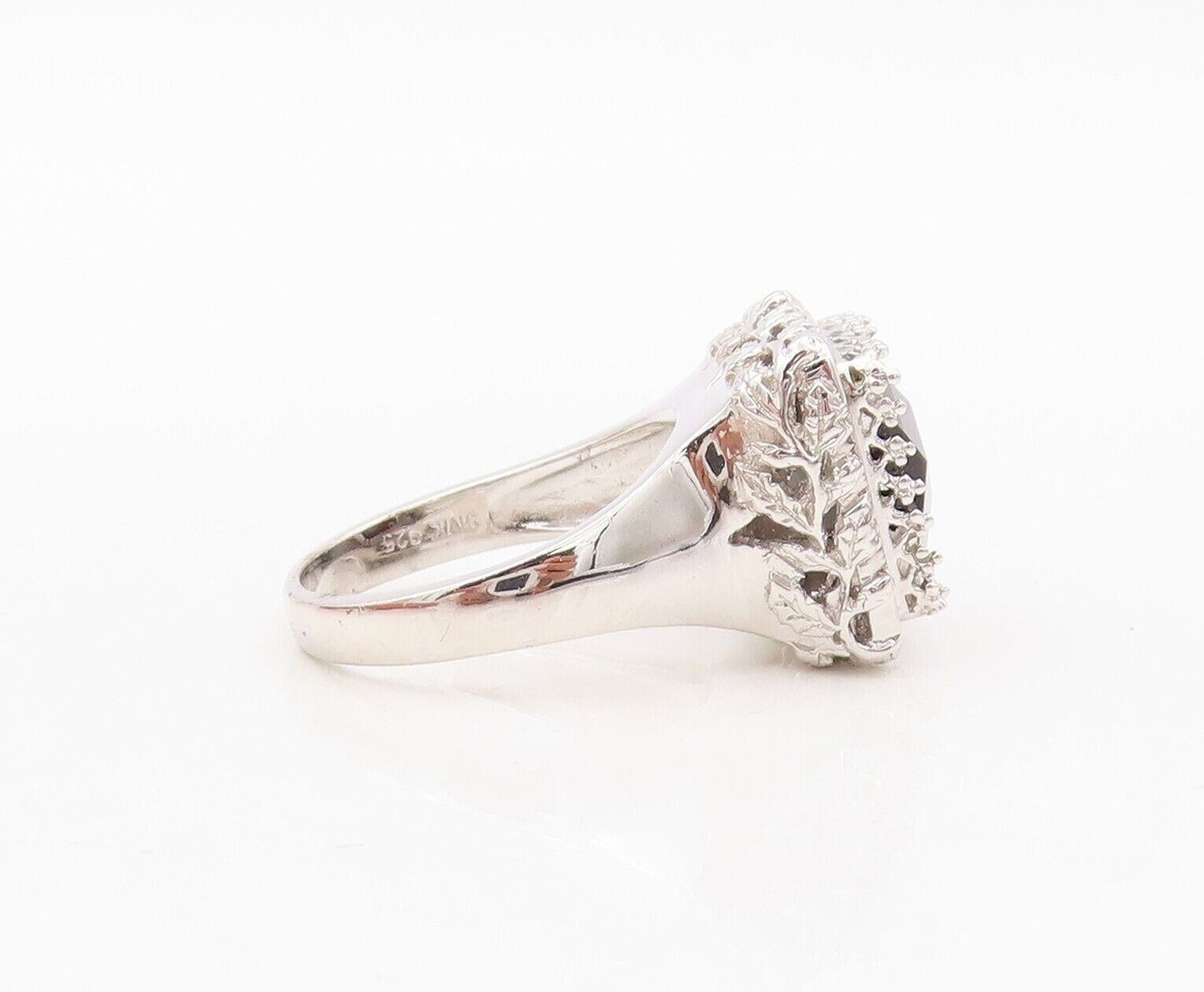 925 Sterling Silver Vintage Ring Floral Carved Square Cut Onyx  Sz 7  RG30467