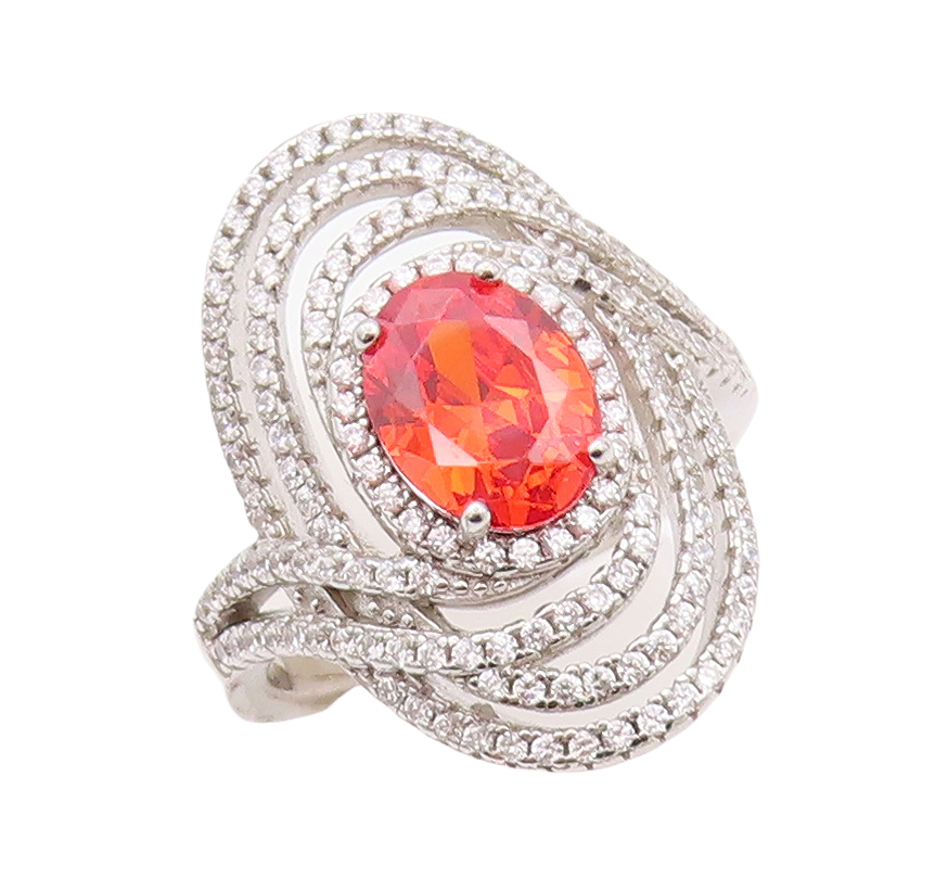 925 Sterling Silver Vintage Ring Designer Cutout Orange & White CZ Sz 7  RG30030