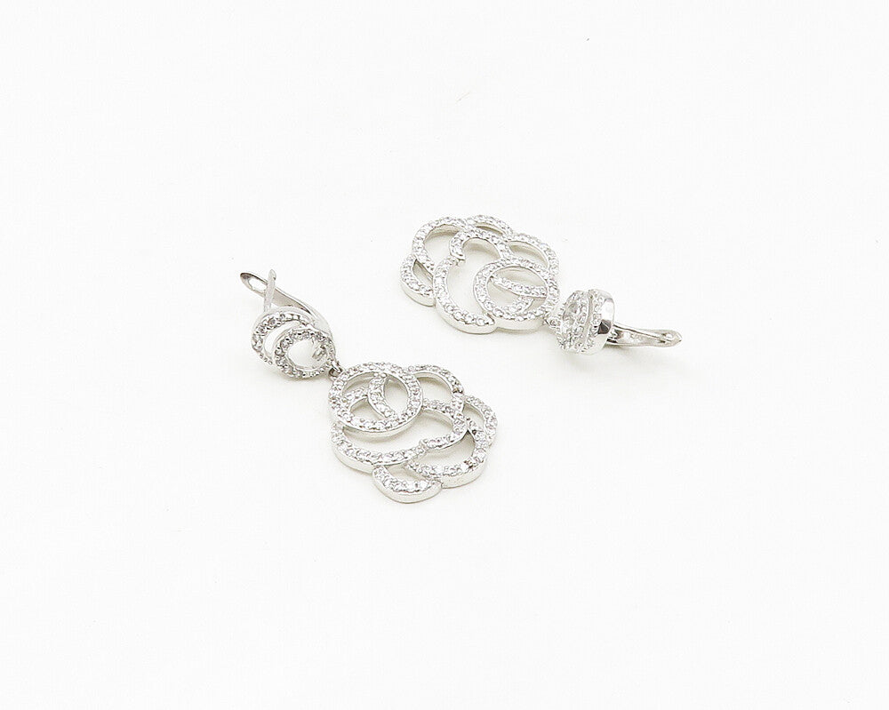 925 Sterling Silver  Shiny Cubic Zirconia Open Design Dangle Earrings  EG9036