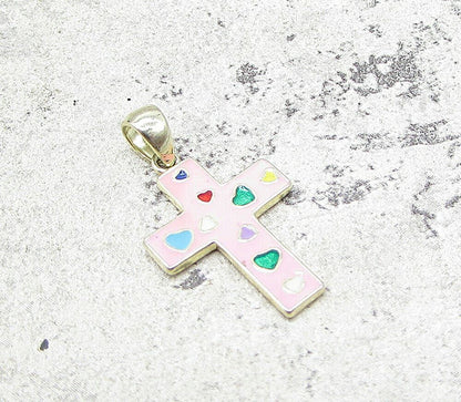 Gold Over 925 Sterling Silver Love Hearts Enamel Cross Drop Pendant PT1201
