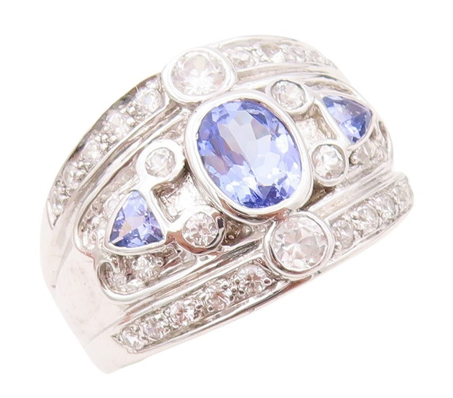 925 Sterling Silver Vintage Ring Carved Blue & White Topaz Inlay  Sz 7 RG30604