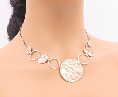 925 Silver  Vintage Rose Plated Graduated Textured Circle Necklace  NE3852