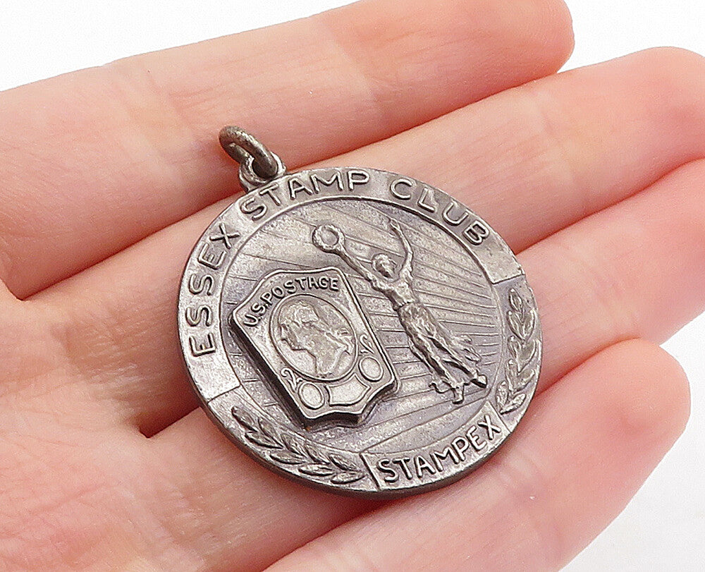 925 Sterling Silver  Vintage Antique Oxidized Essex Stamp Club Pendant  PT4820