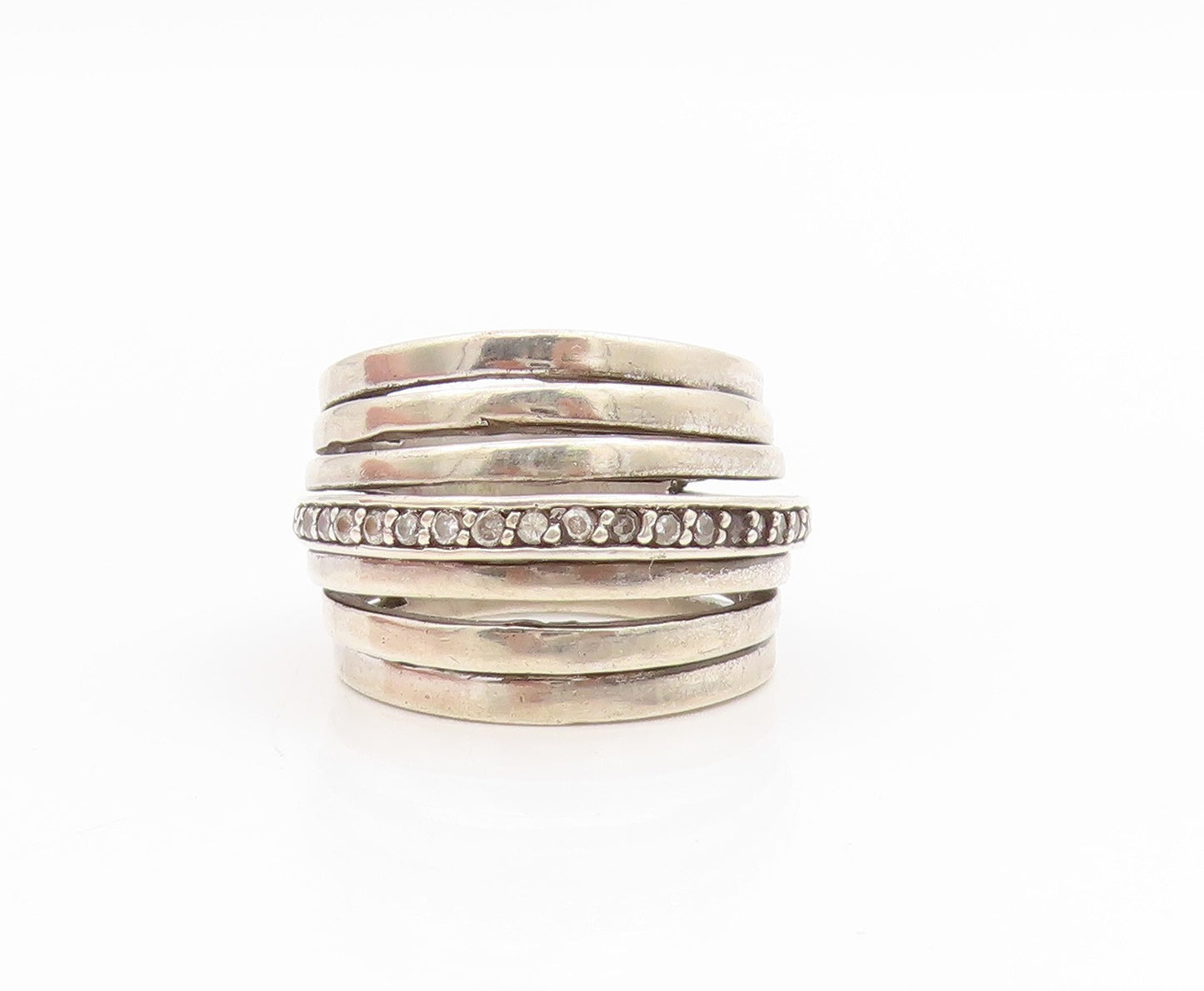 925 Sterling Silver Vintage Ring Round CZ Multi Row Wide Band  Sz 7.5  RG34431