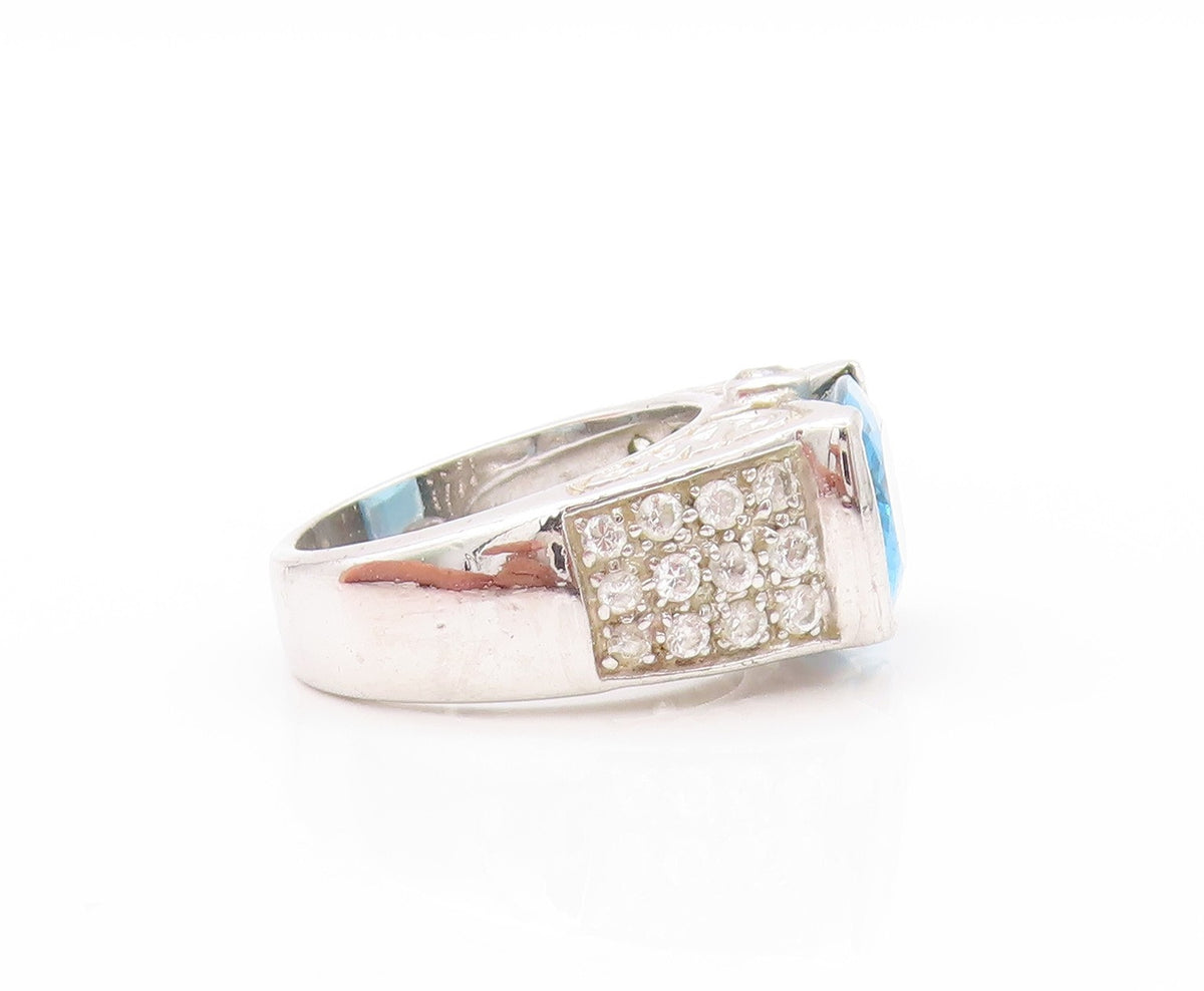 925 Sterling Silver Vintage Ring Designer Rectangle Blue & White CZ Sz 7 RG32892