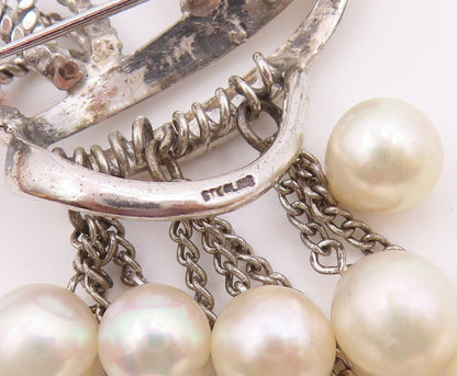 925 Silver  Vintage Curved Abstract Freshwater Pearl Dangle Brooch Pin  BP9975