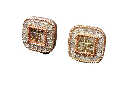 925 Sterling Silver & 10K GOLD  Genuine Diamonds Square Stud Earrings  EG5361