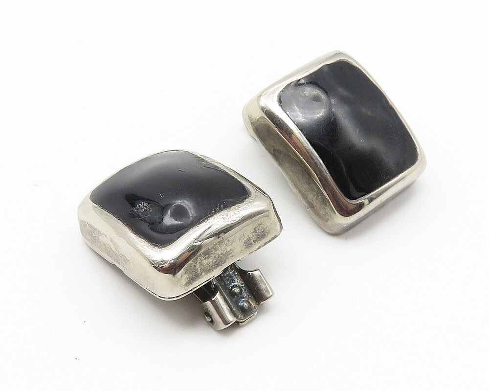 925 Sterling Silver  Vintage Inlaid Black Onyx Non Pierce Earrings  EG5836