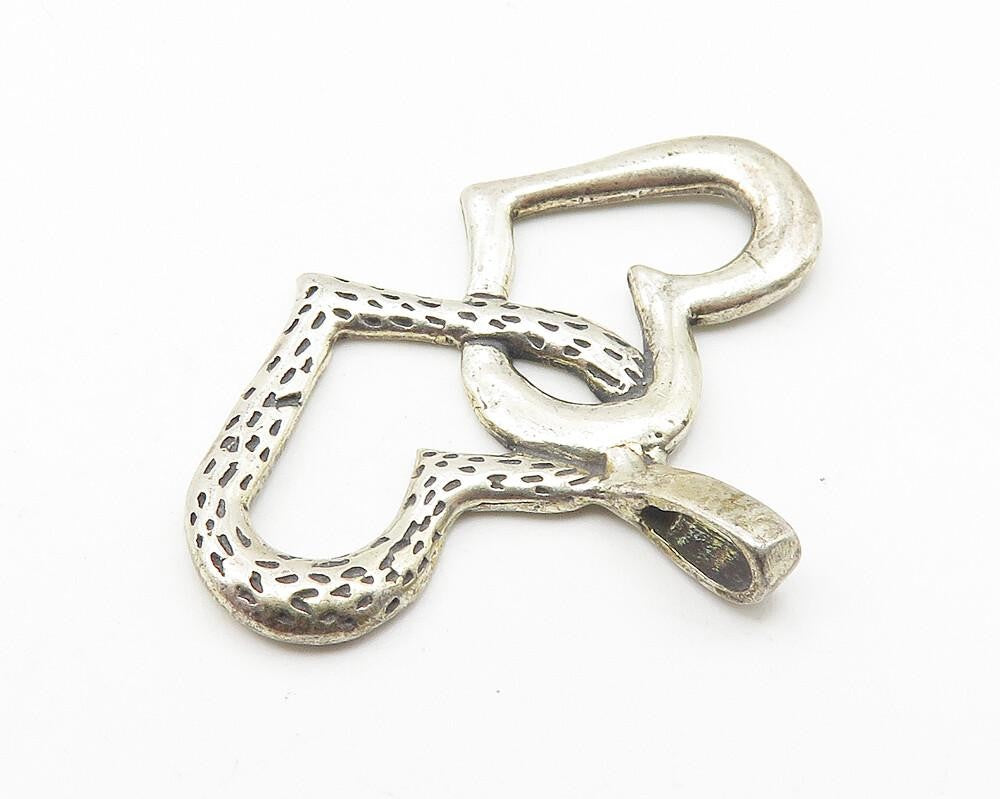 925 Sterling Silver  Vintage Double Open Love Hearts Etched Pendant  PT8260
