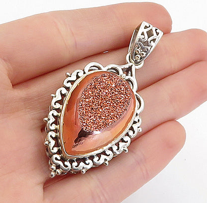 925 Sterling Silver  Vintage Druzy Stone Shiny Swirl Drop Pendant  PT3444