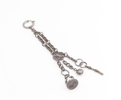 925 Sterling Silver Vintage Keychain Dark Tone Fob Chain With Charms  TR4068