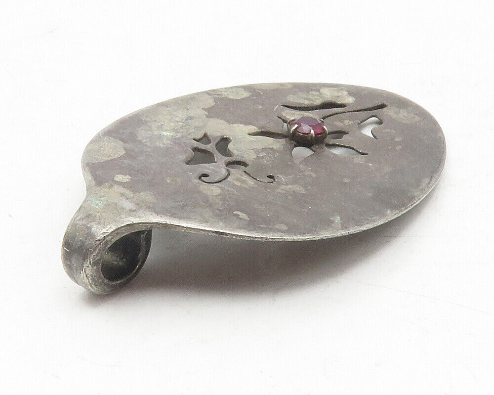 925 Sterling Silver  Vintage Pink Topaz Flower Butterfly Cutout Pendant PT9714