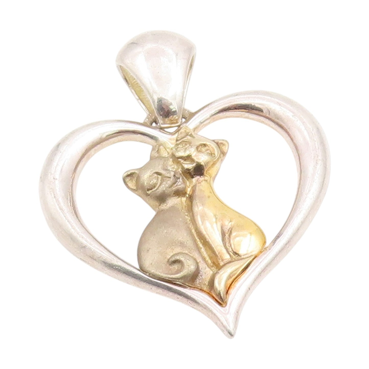 925 Sterling Silver Vintage Pendant Two Tone Cat Couple In Love Heart  PT25890