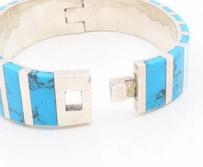 925 Sterling Silver Vintage Bracelet MEXICO Turquoise Inlay Bangle  BT11775