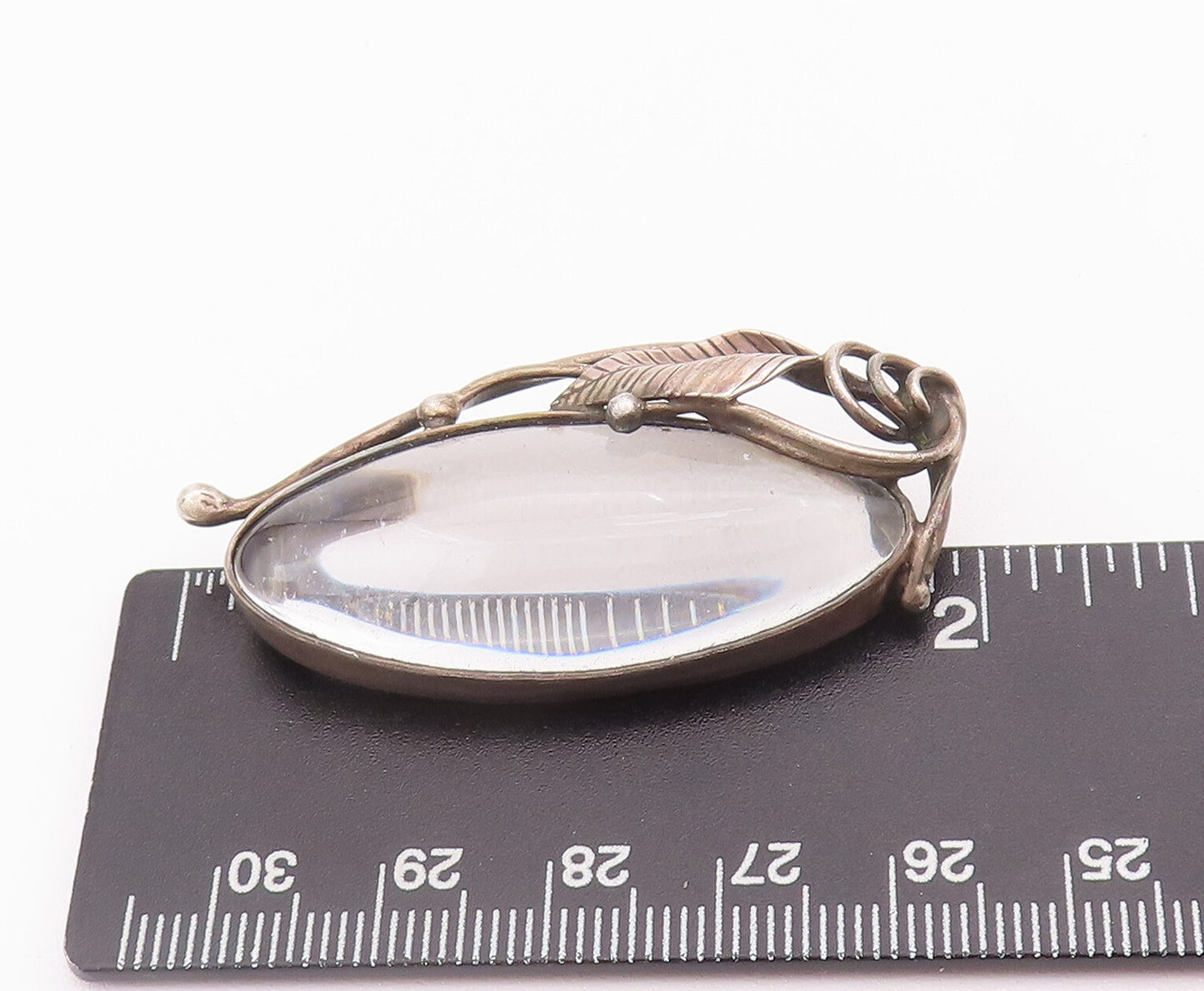 925 Sterling Silver Vintage Brooch Pin POLAND Swirly Carved Leaf & Glass BP10752