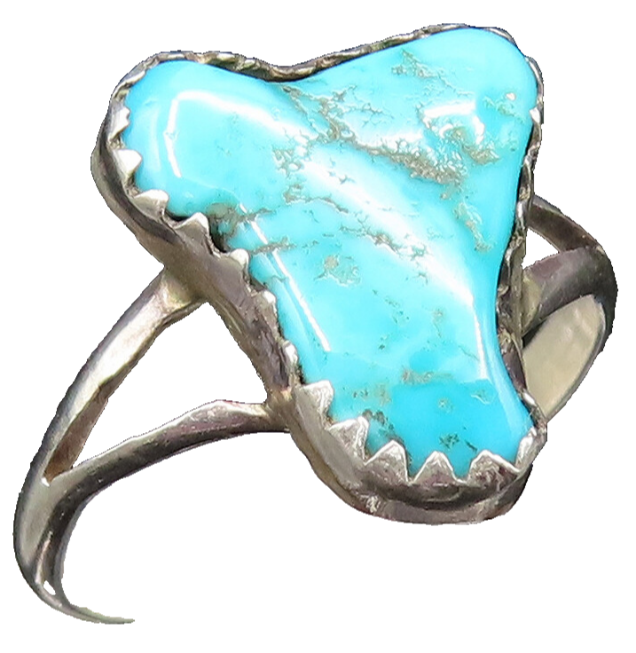 NAVAJO 925 Sterling Silver Vintage Inlaid Turquoise Abstract Ring Sz 5.5 RG25529