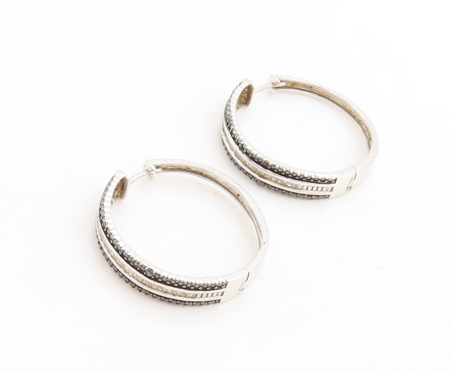 925 Sterling Silver Vintage Earrings Black & White Diamonds Hoops  EG13291