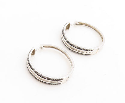 925 Sterling Silver Vintage Earrings Black & White Diamonds Hoops  EG13291