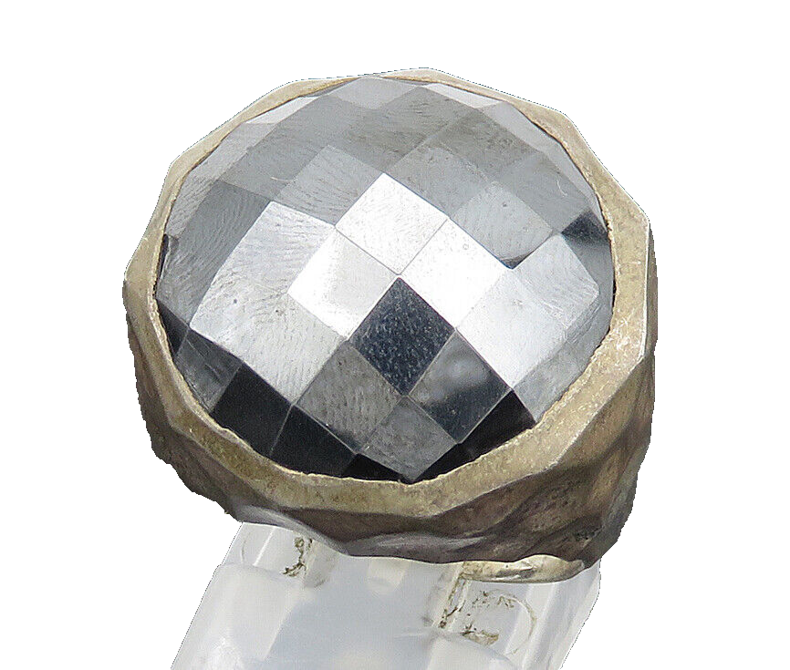 925 Sterling Silver  Vintage Round Hematite Hammered Dome Ring Sz 9  RG24519