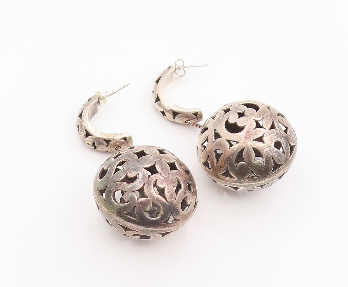 BALI 925 Silver  Vintage Cutout Pattern Puffy Ball Dangle Earrings  EG11562