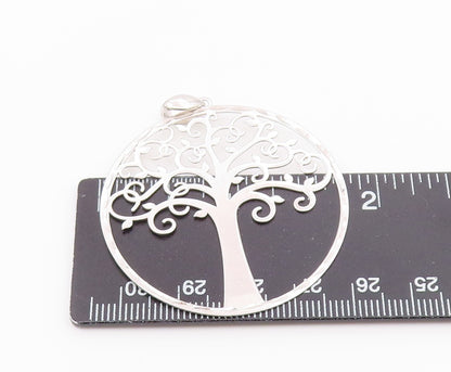 925 Sterling Silver  Vintage Shiny Tree Of Life Motif Round Pendant  PT17743