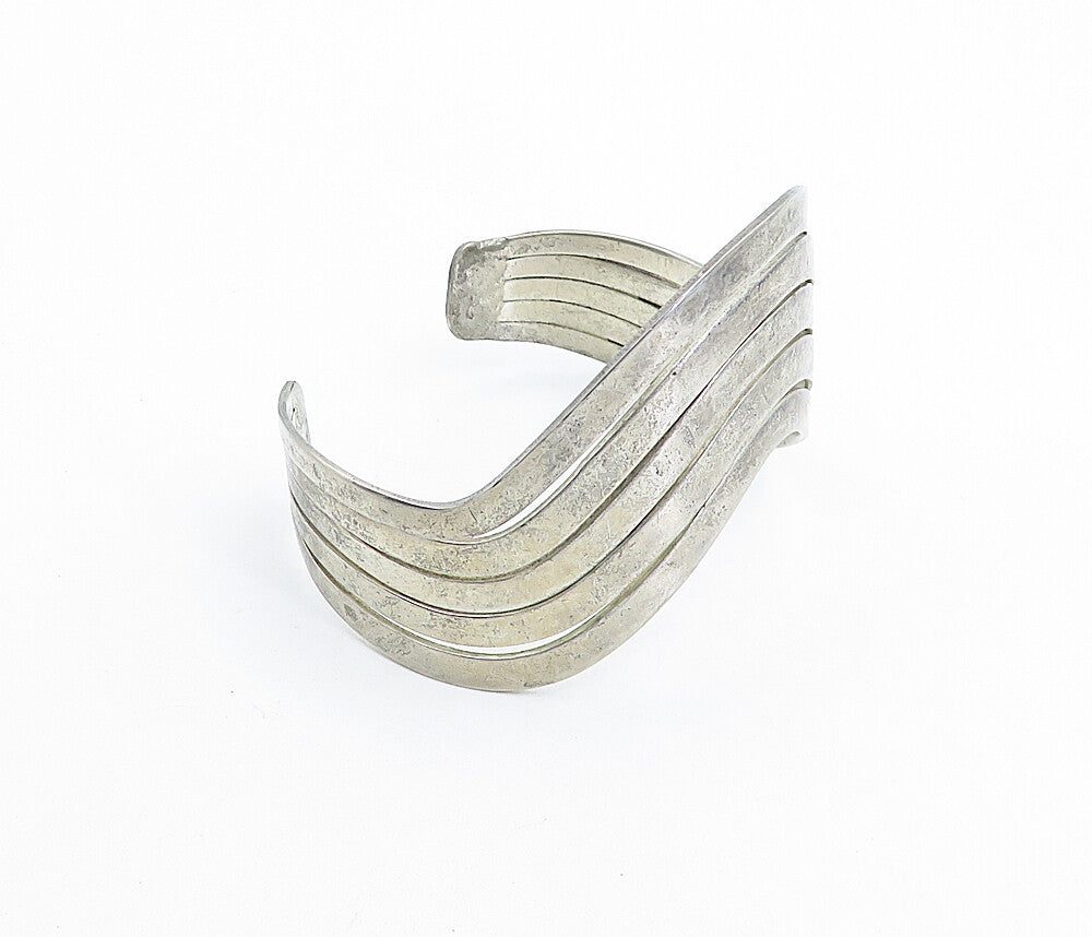 925 Sterling Silver  Vintage Dark Tone Wavy Split Design Cuff Bracelet  BT2323