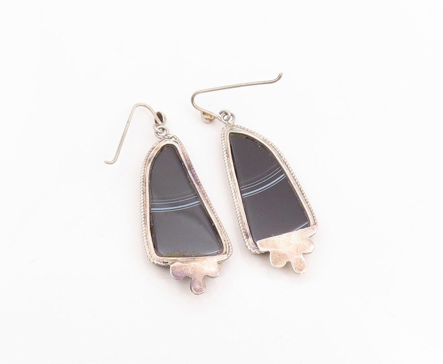 925 Sterling Silver Vintage Earrings Black Agate Beaded Geometric Dangle EG14000