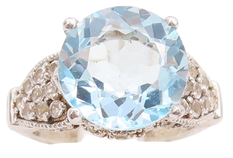 925 Sterling Silver Vintage Ring Floral Carved Blue & White Topaz  Sz 7  RG29648