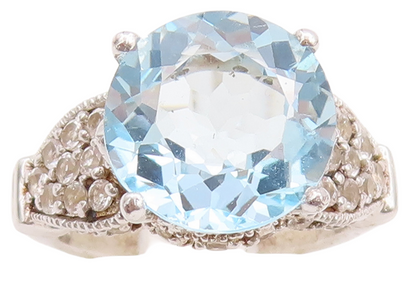 925 Sterling Silver Vintage Ring Floral Carved Blue & White Topaz  Sz 7  RG29648