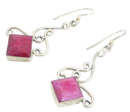 925 Sterling Silver Vintage Ruby Shiny Swirl Design Dangle Earrings EG3475